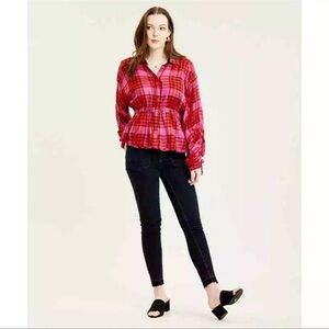 Free People Red Plaid Peplum Blouse